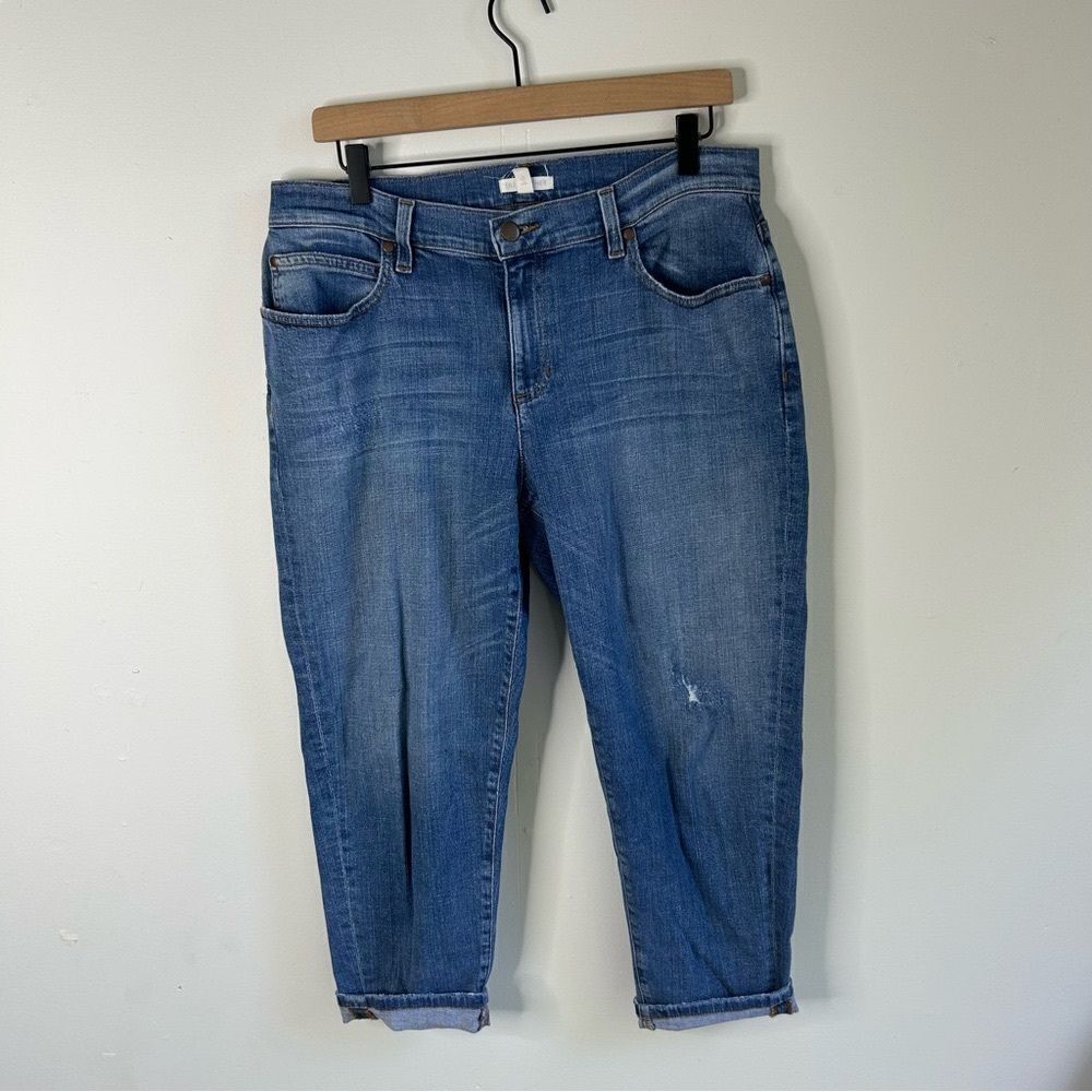 Eileen Fisher Straight Leg Cropped Blue Jeans with Stretch and Distressing 10